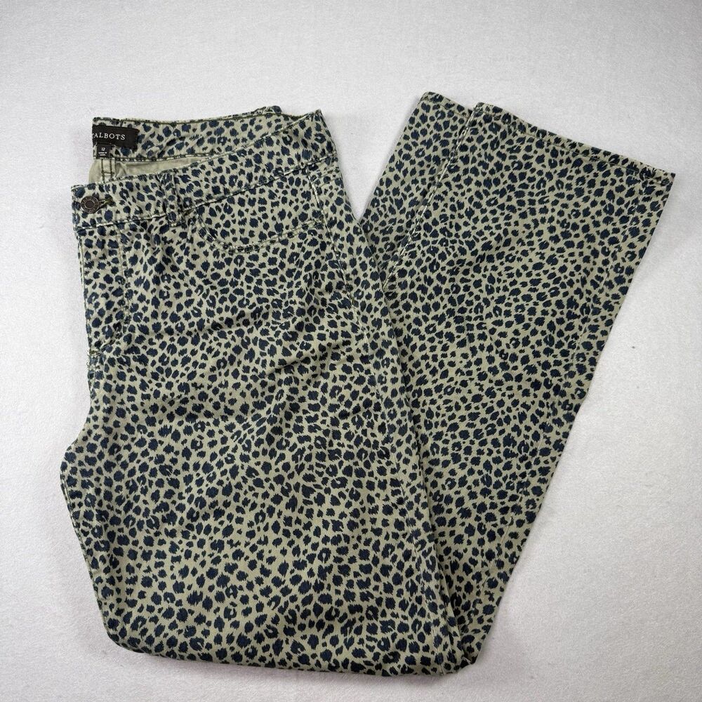 Talbots Womens Pants Size 12 Leopard Print Olive with Navy Straight Leg Stretch